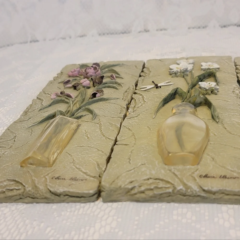 Vintage Cheri Blum Signed 3D Floral Wall Art Plaques Set of 4 Raised Flowers